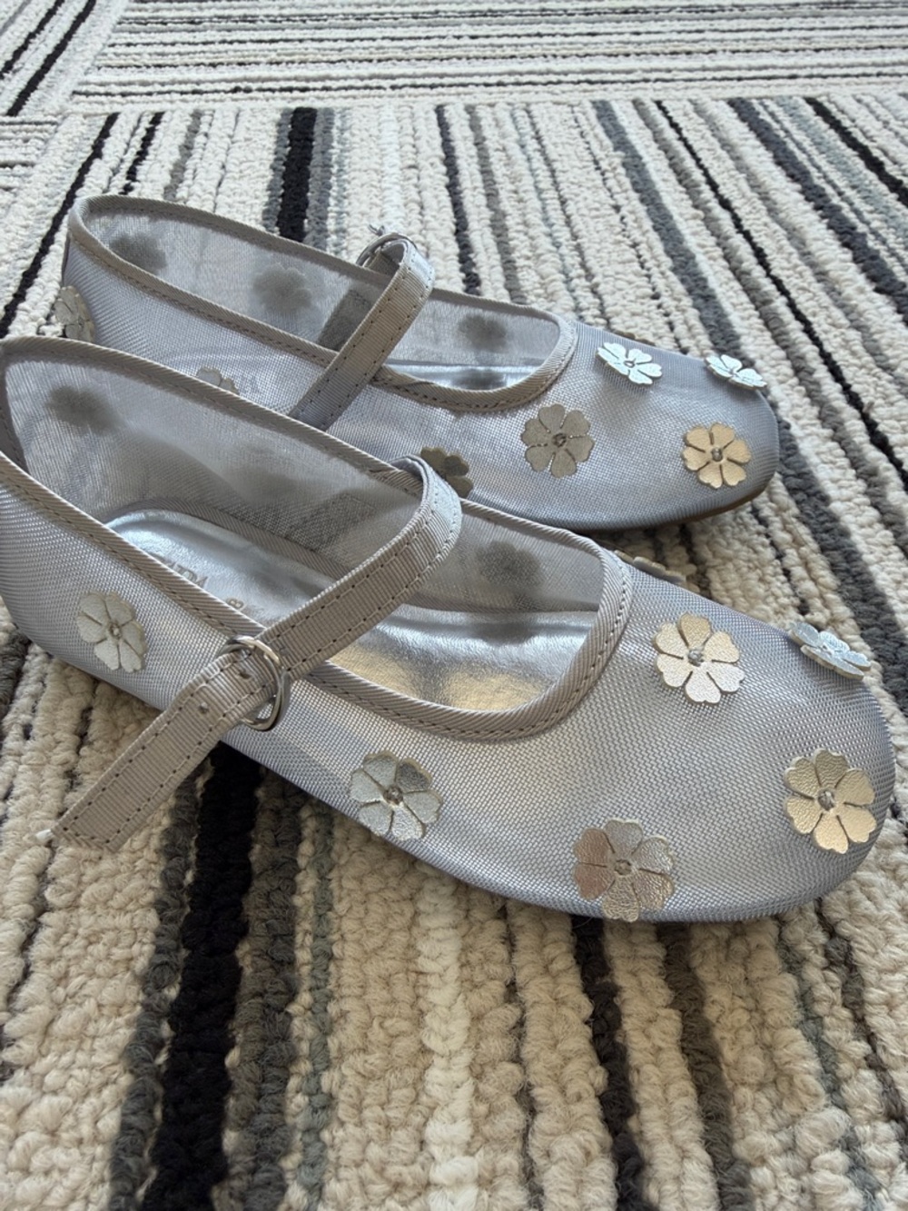 Zara Girls Metallic Silver Floral Mary Jane Mesh Flats